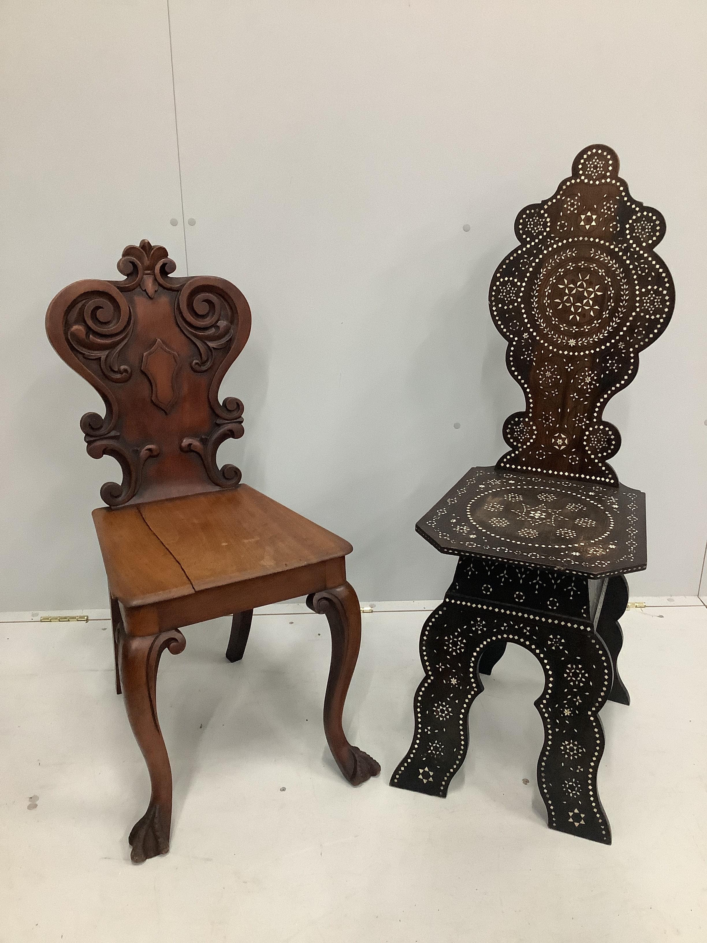 A Damascan bone inlaid hardwood hall chair, height 105cm together with Victorian mahogany hall chair
